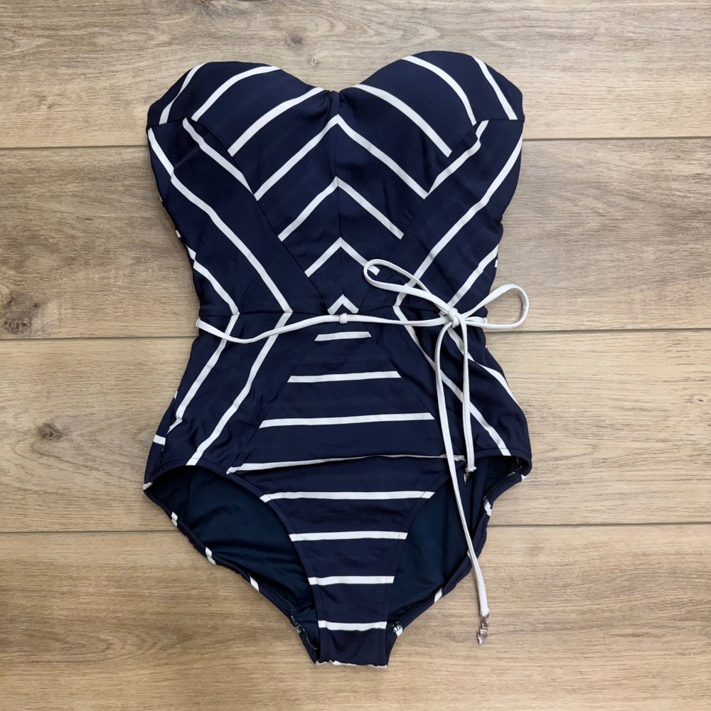 Seafolly Australia Navy Blue White Striped Bandeau One Piece Swimsuit Size 14